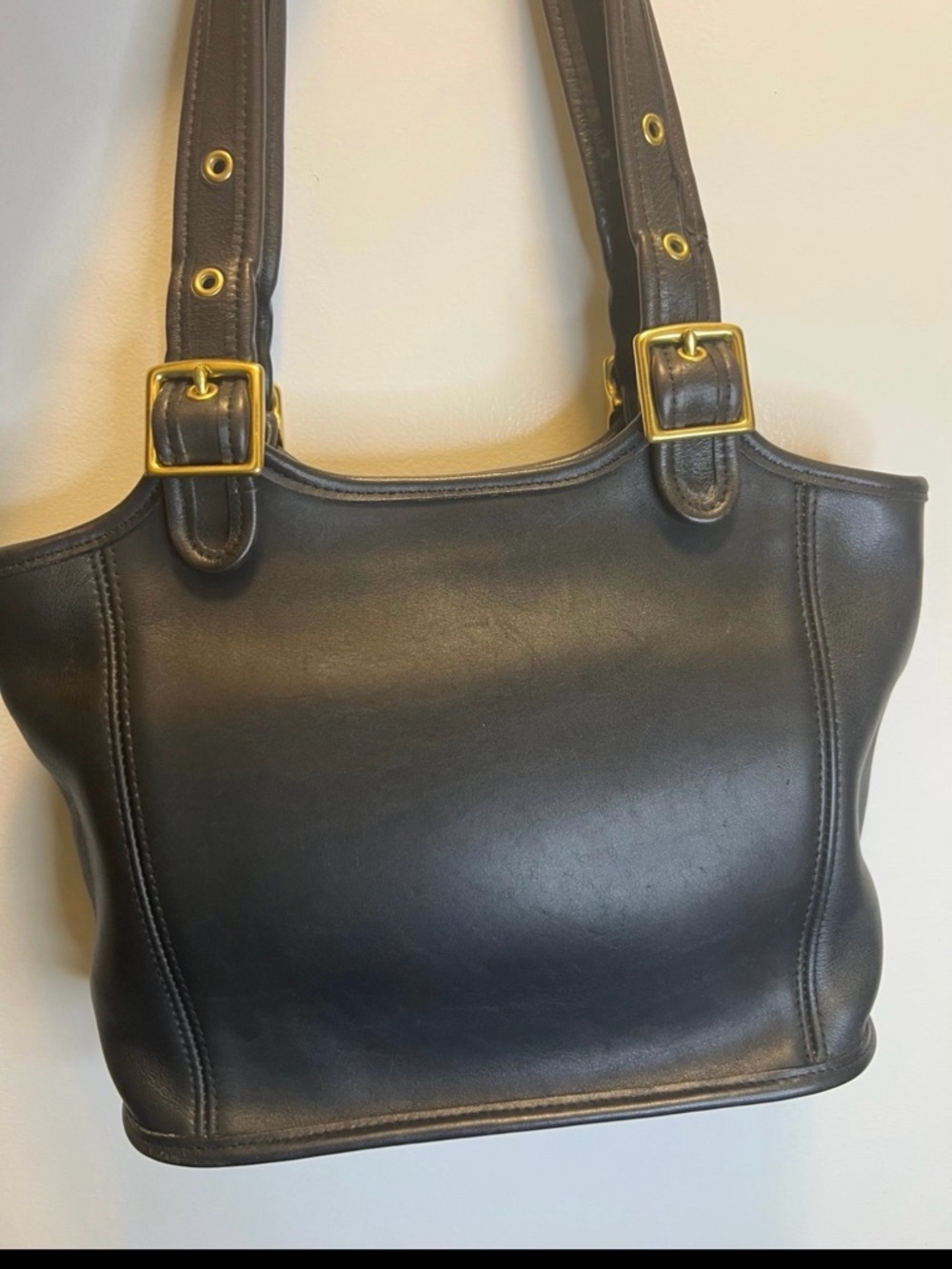 Black Vintage Leather Coach Shoulder Tote with Gold-Tone Buckles - Picture 4 of 10